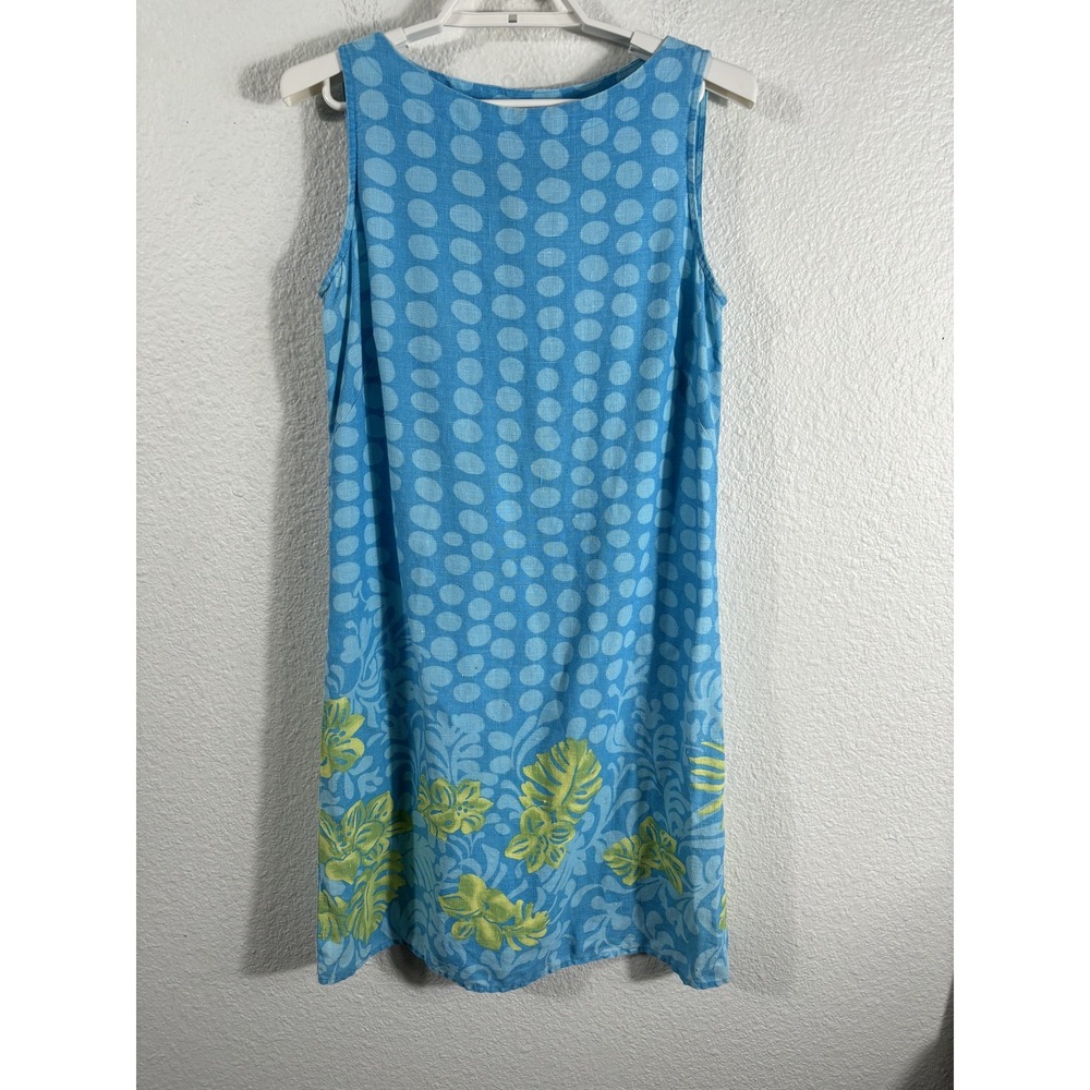 IVY Dress Womens 6 Blue Sleeveless Linen Polka Dot Floral Hawaiian Summer Beach